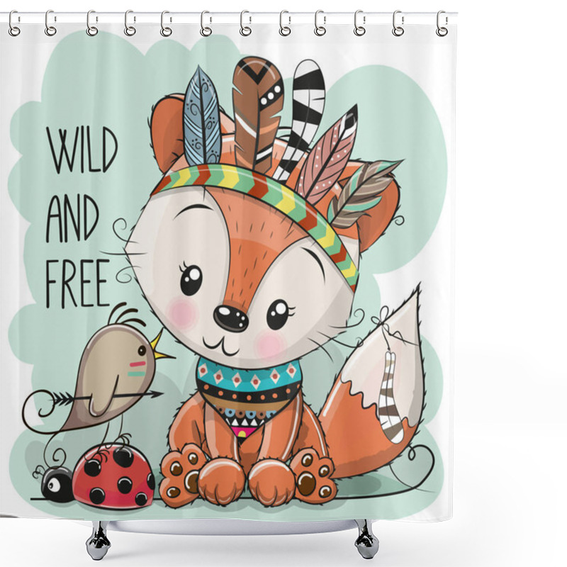 Personality  Cute Cartoon Tribal Fox And Bird With Feathers Shower Curtains