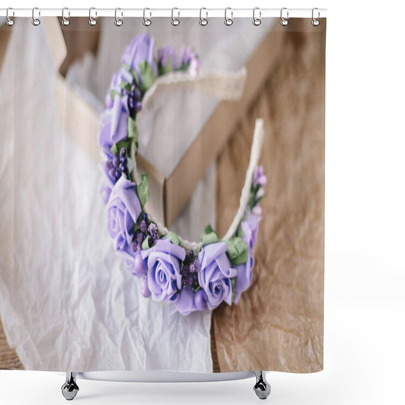 Personality  Handmade Floral Tiara Made Of  Flowers Lie On  Wooden Background Shower Curtains