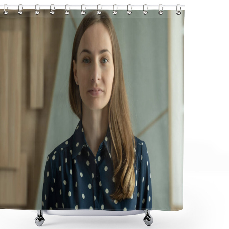 Personality  Portrait Of A Smiling Woman In A Shirt Standing In A Modern Office Shower Curtains