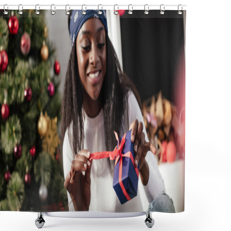 Personality  Smiling Attractive African American Woman Opening Christmas Present At Home Shower Curtains