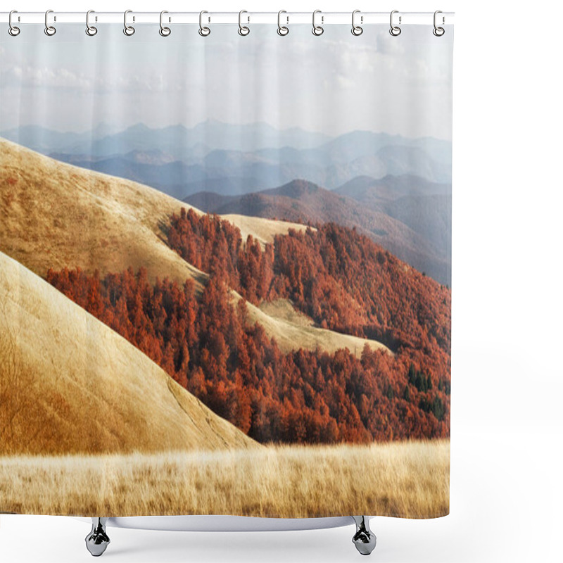 Personality  Picturesque Autumn Mountains With Red Beech Forest Shower Curtains