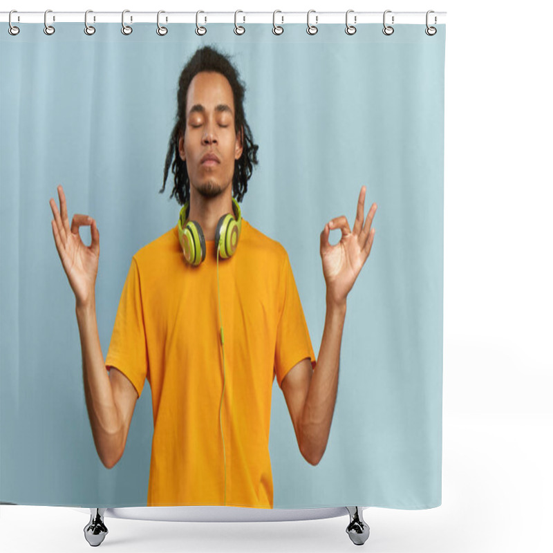 Personality  Calm African-American Man Relaxing Meditation, No Stress Free Relief At Work Concept, Mindful Peaceful Businessman Or Student Practicing Breathing Yoga Exercises In Casual Outfit, Isolated Blue Wall. Shower Curtains