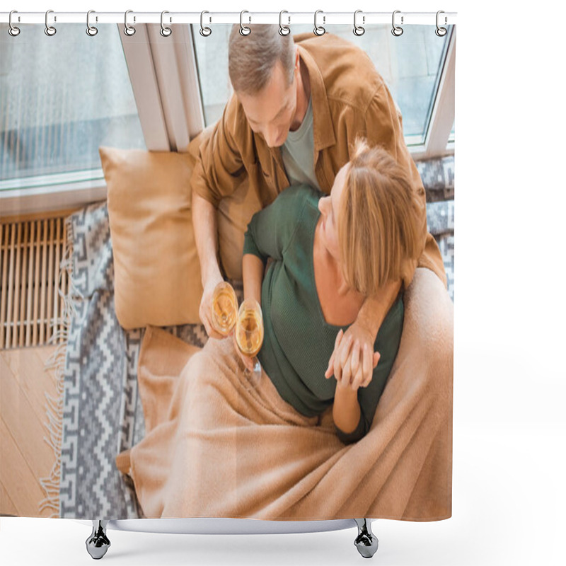 Personality  Overhead View Of Couple Sitting On Floor By Large Window And Clinking Glasses Of White Wine Shower Curtains