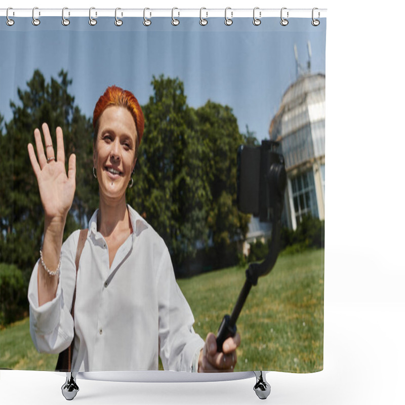 Personality  A Woman With Red Hair Smiles And Waves At The Camera. Shower Curtains