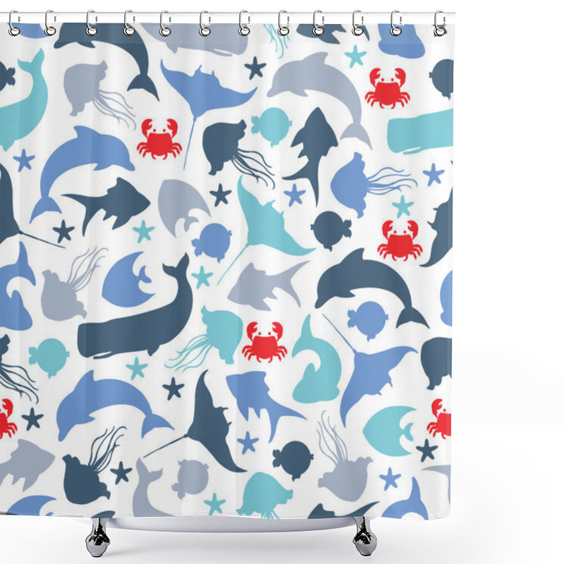 Personality  Seamless Pattern With Underwater Fishes, Dolphin, Blue Whale And Crab Shower Curtains