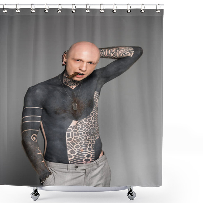 Personality  Bald Shirtless Tattooed Man With Hand Behind Head Smoking Cigar And Looking At Camera Isolated On Grey Shower Curtains