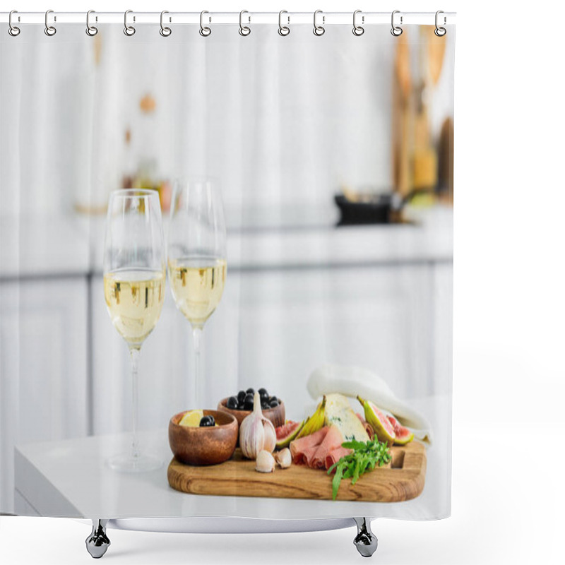 Personality  Delicious Snacks On Wooden Board And Glasses Of Wine On Table    Shower Curtains