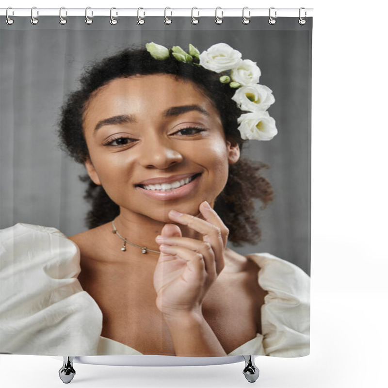 Personality  A Beautiful African American Bride In A White Wedding Dress With Flowers In Her Hair Smiles Radiantly Against A Grey Backdrop. Shower Curtains