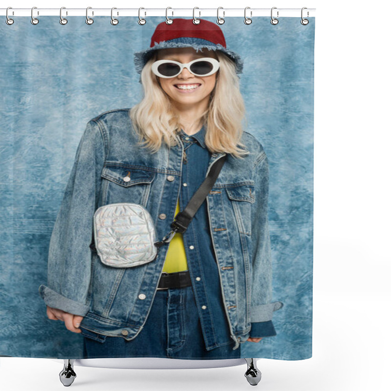 Personality  Happy Blonde Woman In Denim Outfit Posing In Panama Hat And Sunglasses Near Blue Textured Background   Shower Curtains