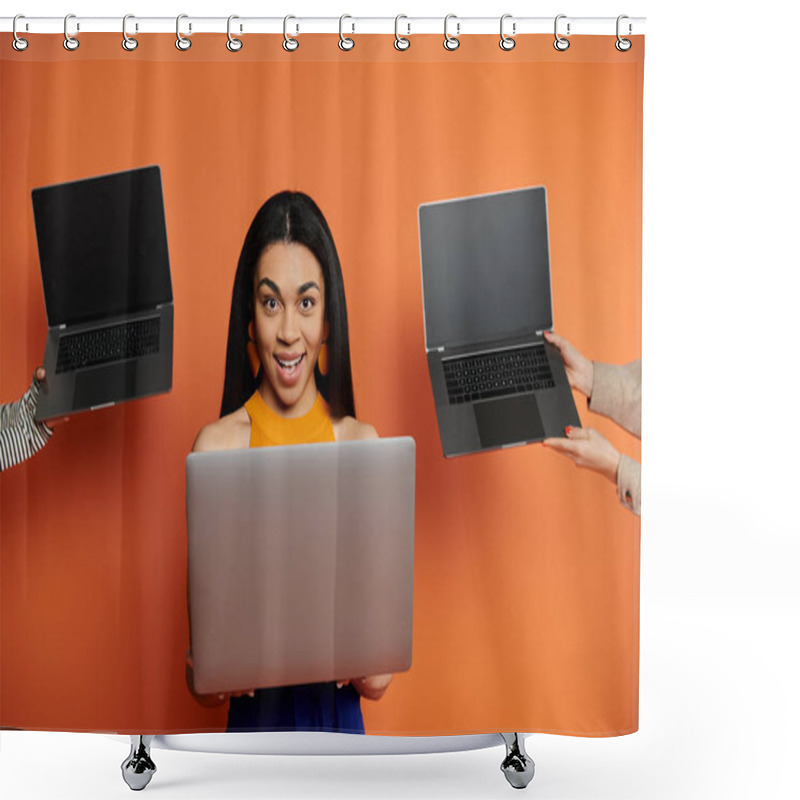 Personality  A Cheerful Woman Interacts With Three Laptops In A Bright Setting. Shower Curtains