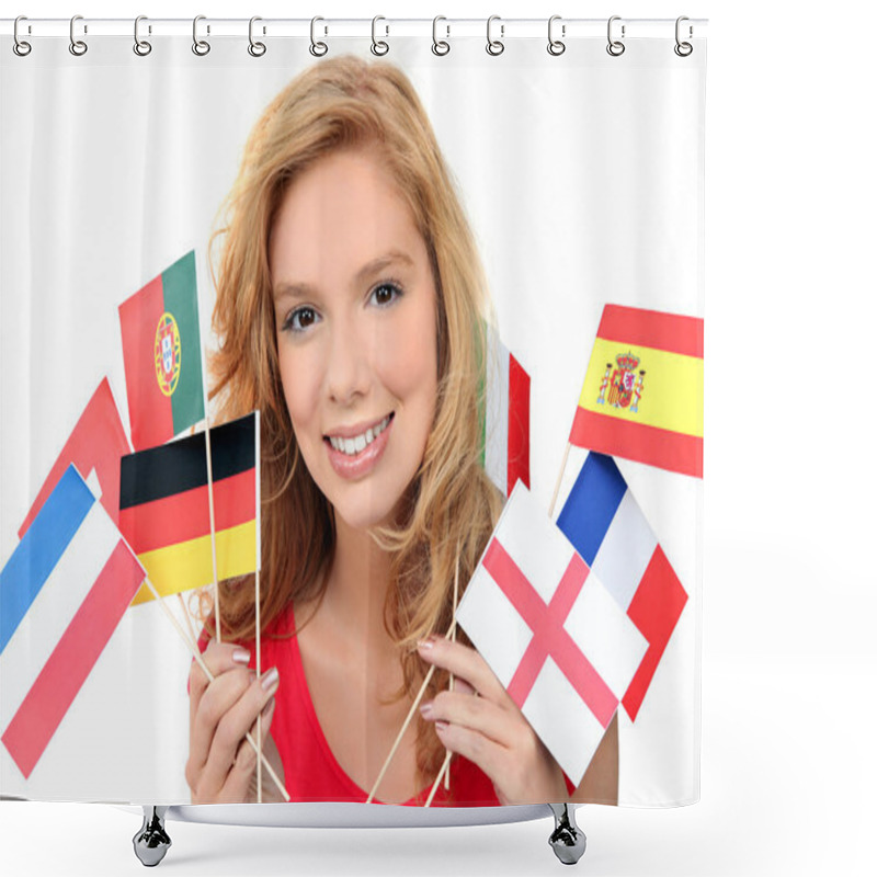 Personality  Girl Holding A Bunch Of National Flags Shower Curtains