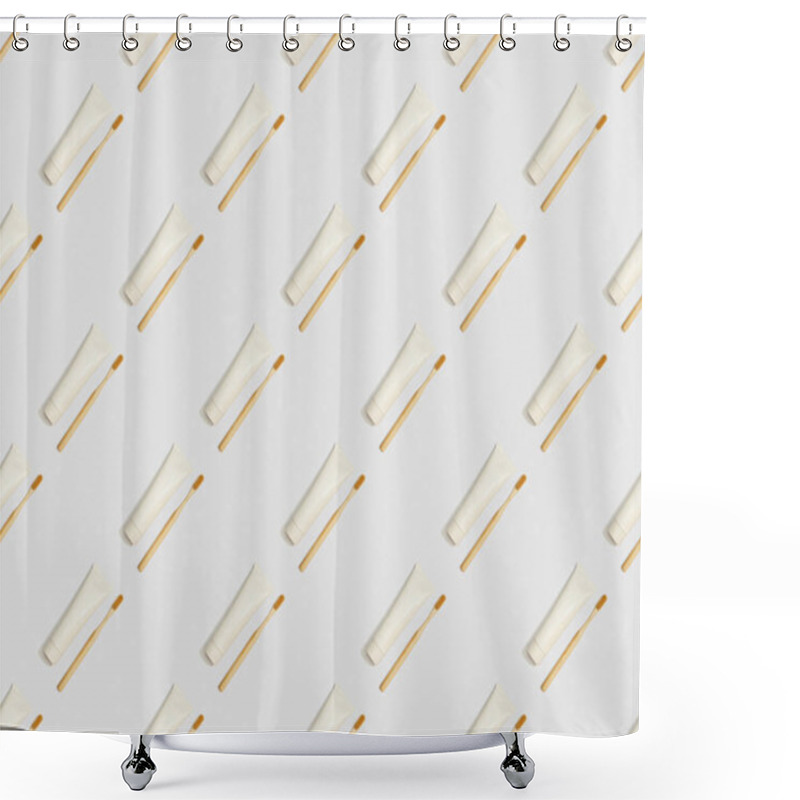 Personality  Diagonally Located Bamboo Toothbrushes And Toothpaste In Tubes On Grey Background, Seamless Background Pattern Shower Curtains