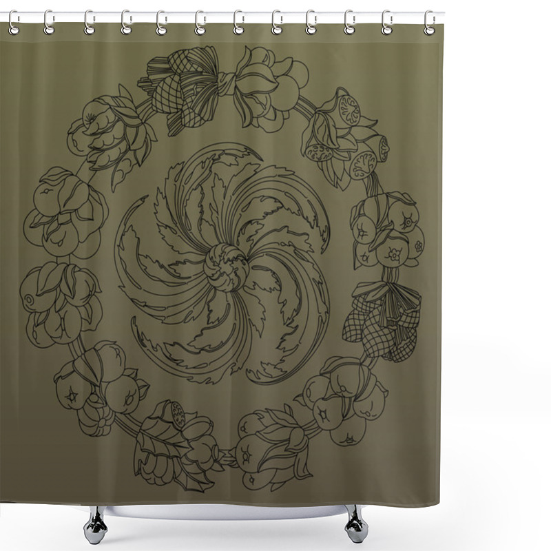 Personality  Elegant Round Ornament, Wreath Made Of Hand Drawn Leaves And Fruits. Shower Curtains