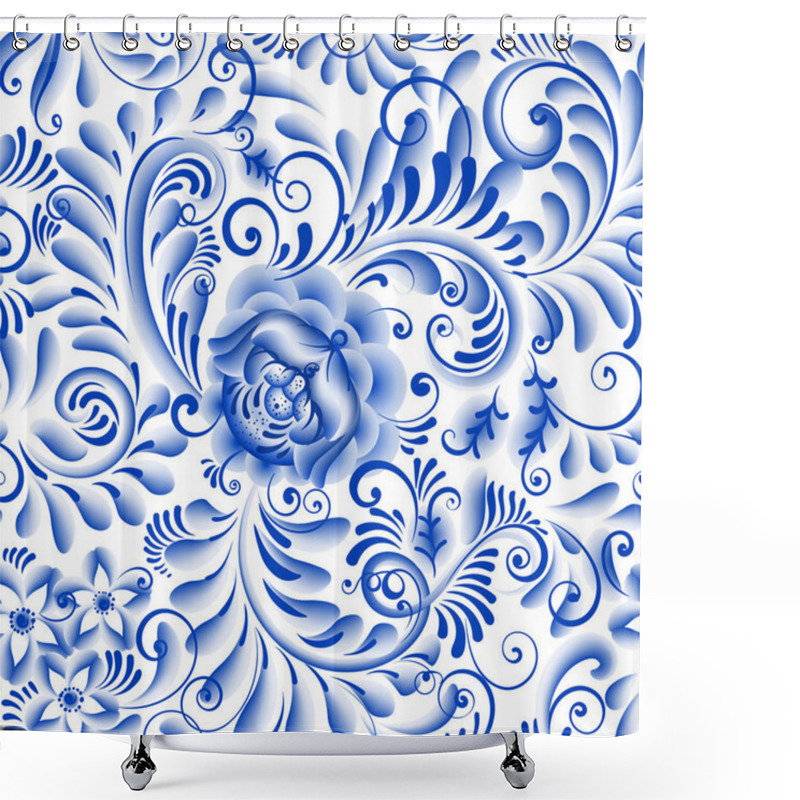 Personality  Russian Ornamental Traditional Painting Art Style Gzhel. Blue Flowers And Scrolls, Exquisite Folk Ethnic Seamless Pattern Shower Curtains