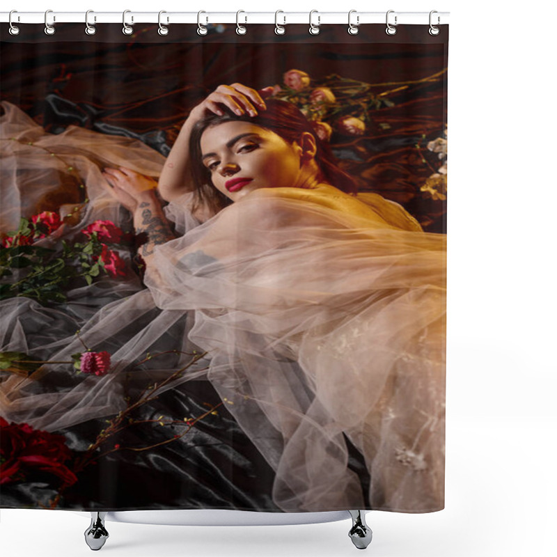 Personality  Romantic And Tattooed Young Woman In Transparent Dress Lying Among Blooming Red Flowers, Elegance Shower Curtains