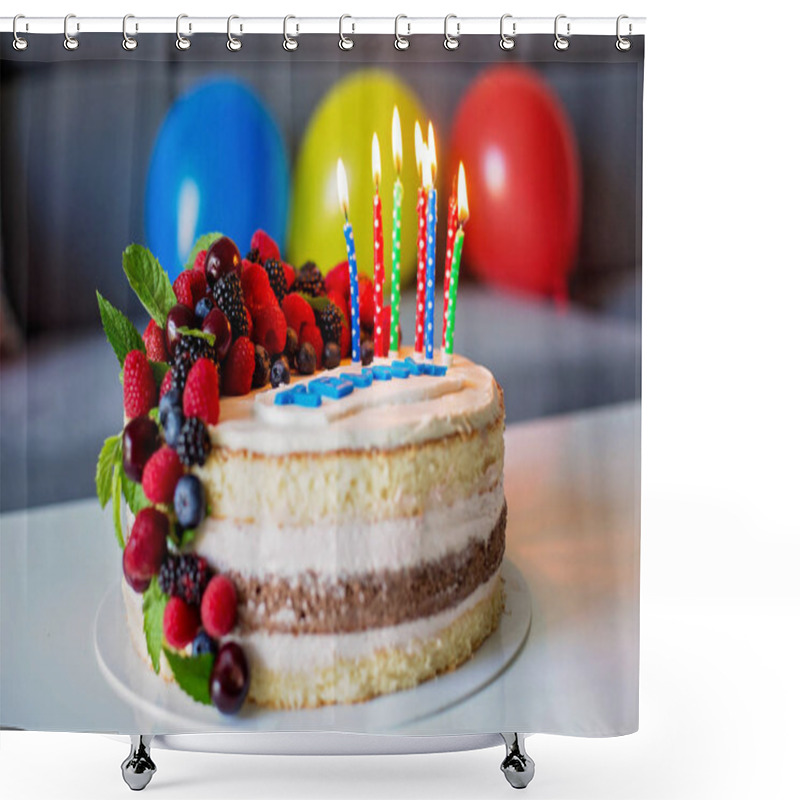 Personality  Homemade Kids Birthday Cake With Lots Of Fruits On Top, Cherries Shower Curtains