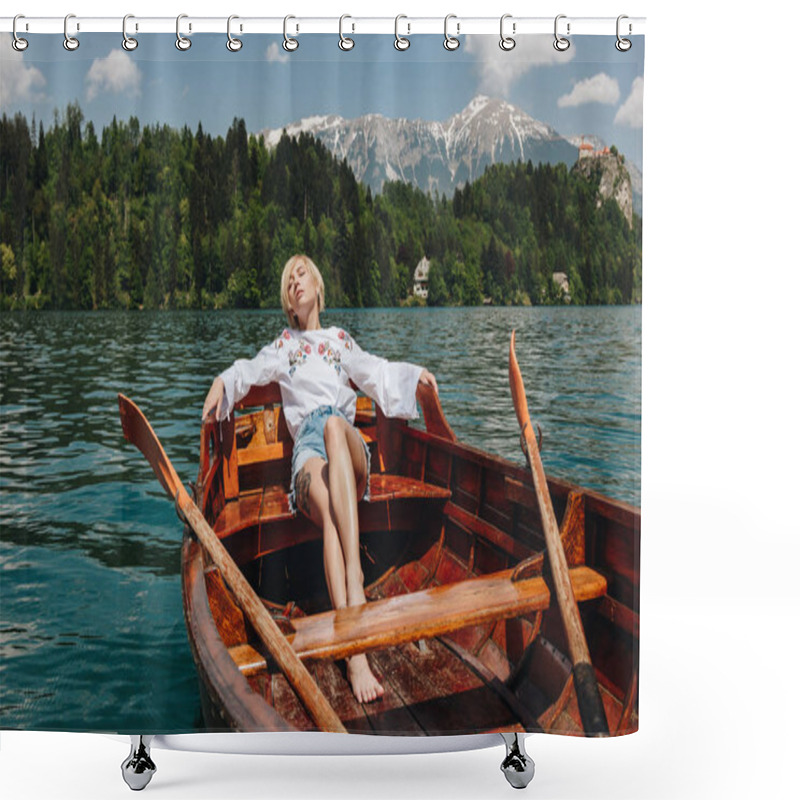 Personality  Beautiful Young Woman Resting In Boat At Tranquil Mountain Lake, Bled, Slovenia Shower Curtains