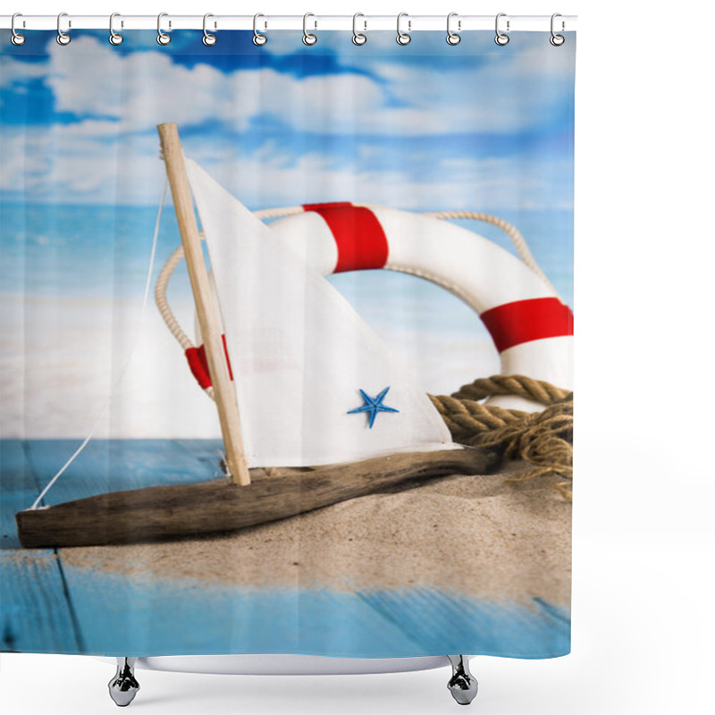 Personality  Holiday By The Sea, Lighthouse, Seagull, Lifebuoy, Sand, Shells Shower Curtains