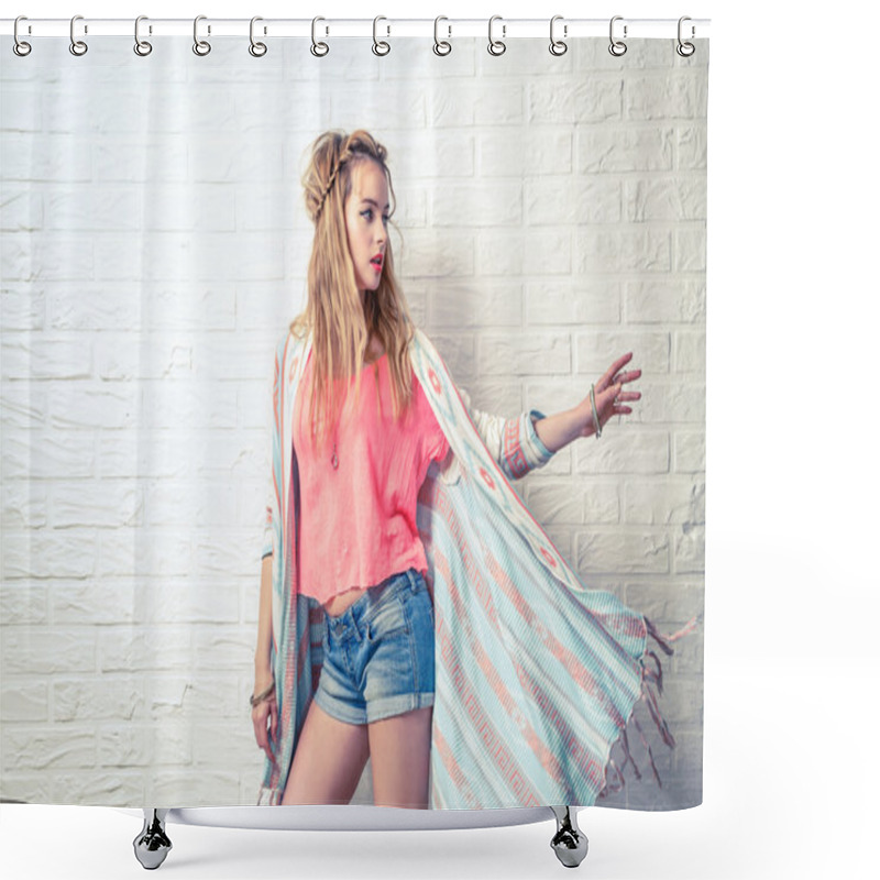 Personality  Boho Fashion Girl At White Brick Wall Background Shower Curtains