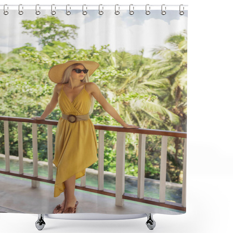 Personality  A Stylish Woman In A Yellow Dress, Sun Hat, And Sunglasses Leans On A Tropical Balcony, Surrounded By Lush Greenery. Perfect For Vacation, Fashion, And Travel Themes, Showcasing Summer Relaxation And Shower Curtains