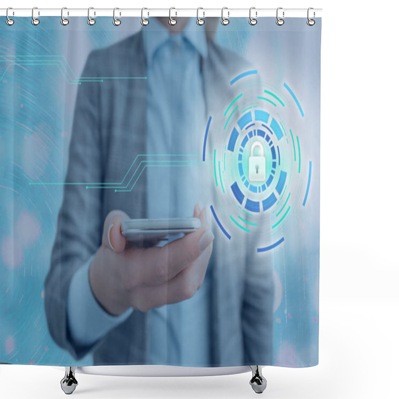 Personality  Graphics Of Latest Digital Technology Protection Data Padlock Security On The Virtual Display. Businessman With Lock To Secure. Shower Curtains