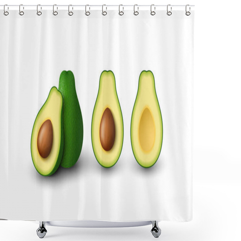 Personality  Realistic Green Avocado For Healthy Eating. Whole And Cut In Half Avocado. Vector 3D Illustration Isolated On White Background. Shower Curtains