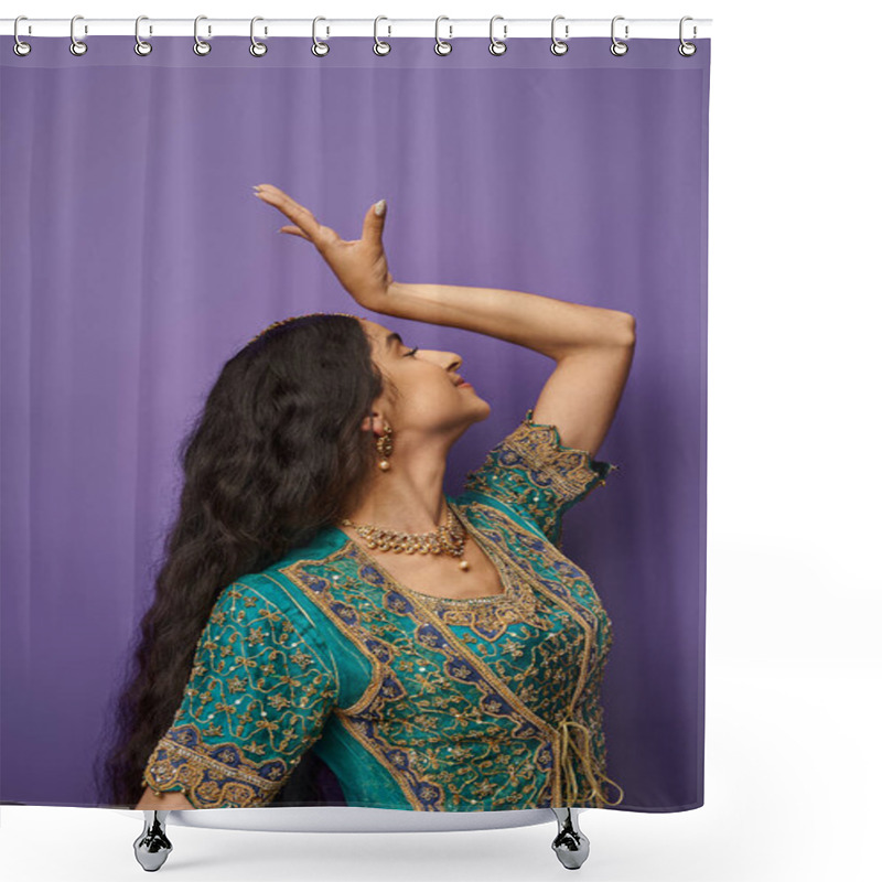 Personality  Vertical Shot Of Beautiful Indian Woman In Blue Sari Gesturing While Dancing On Purple Backdrop Shower Curtains