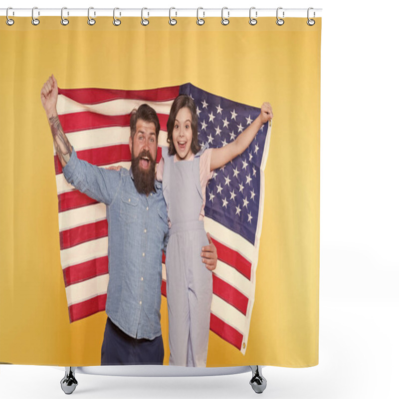 Personality  Independence Is Happiness. Patriotic Family Cheerful And Friendly. Independence Day Holiday. How Do Americans Celebrate Independence Day. Father Bearded Hipster And Cute Little Daughter With USA Flag Shower Curtains