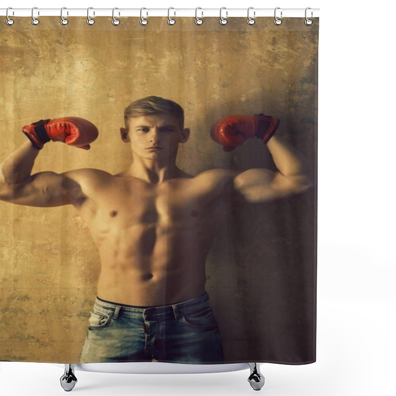 Personality  Sport And Combat, Muscular Boxer In Red Boxing Gloves Shower Curtains