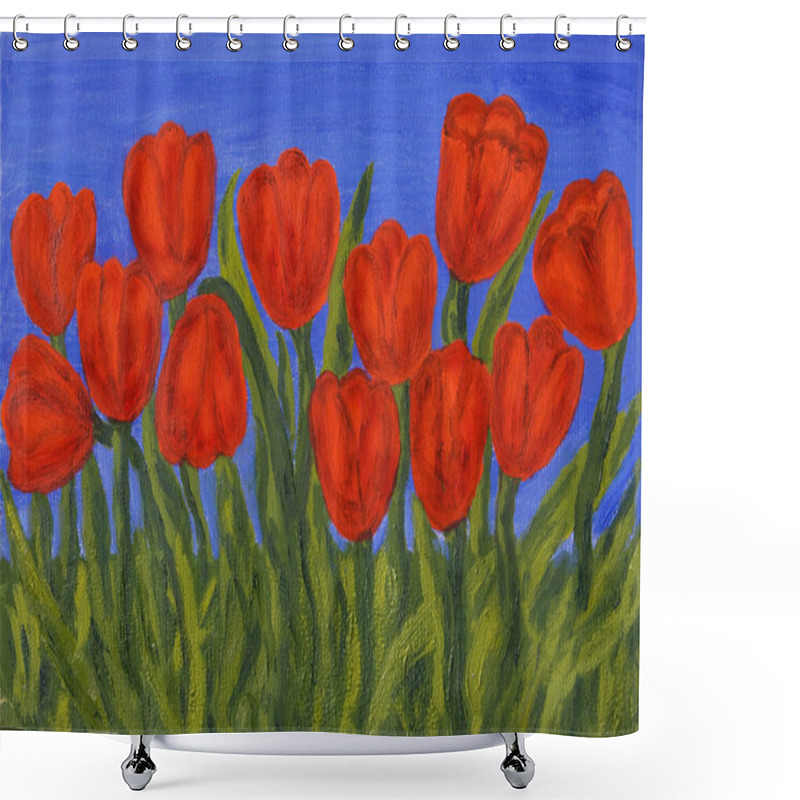 Personality  Hand Painted Picture, Oil Painting, Red Tulips On Blue Sky. Size Of Original 35 X 25 Sm. Shower Curtains