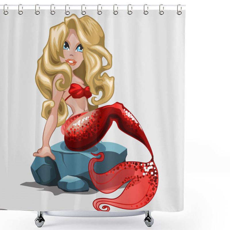 Personality  Blonde Mermaid In Red Swimsuit Sits On A Rock Shower Curtains