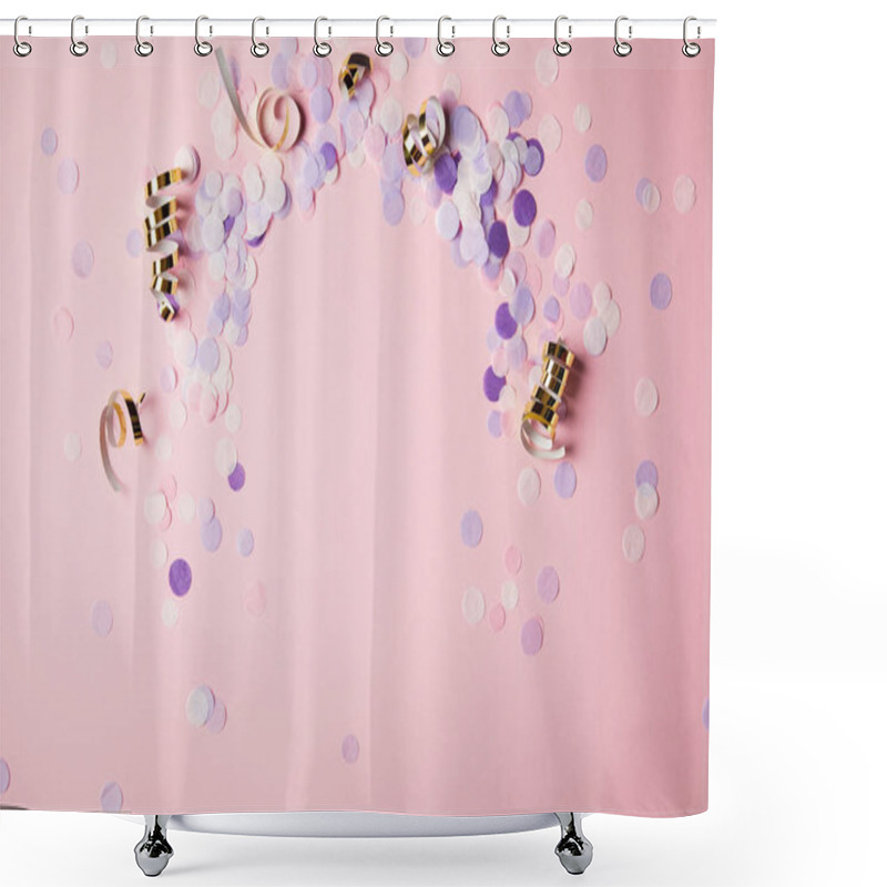 Personality  Elevated View Of Violet Confetti Pieces On Pink Surface Shower Curtains