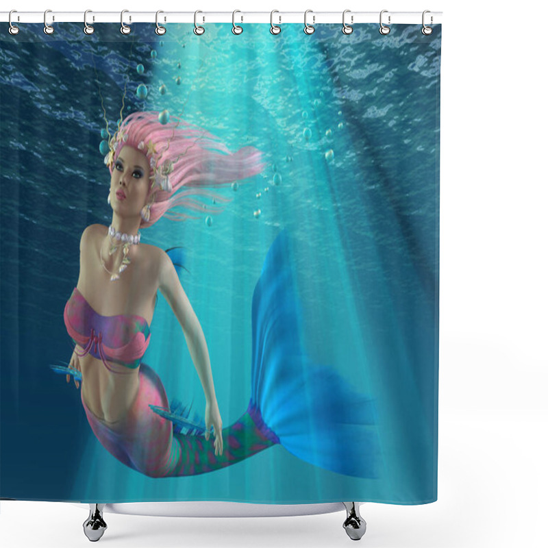 Personality  Turmaline The Mermaid Swims Underwater Through Rays Of Sunshine Along With Blue Bubbles. Shower Curtains