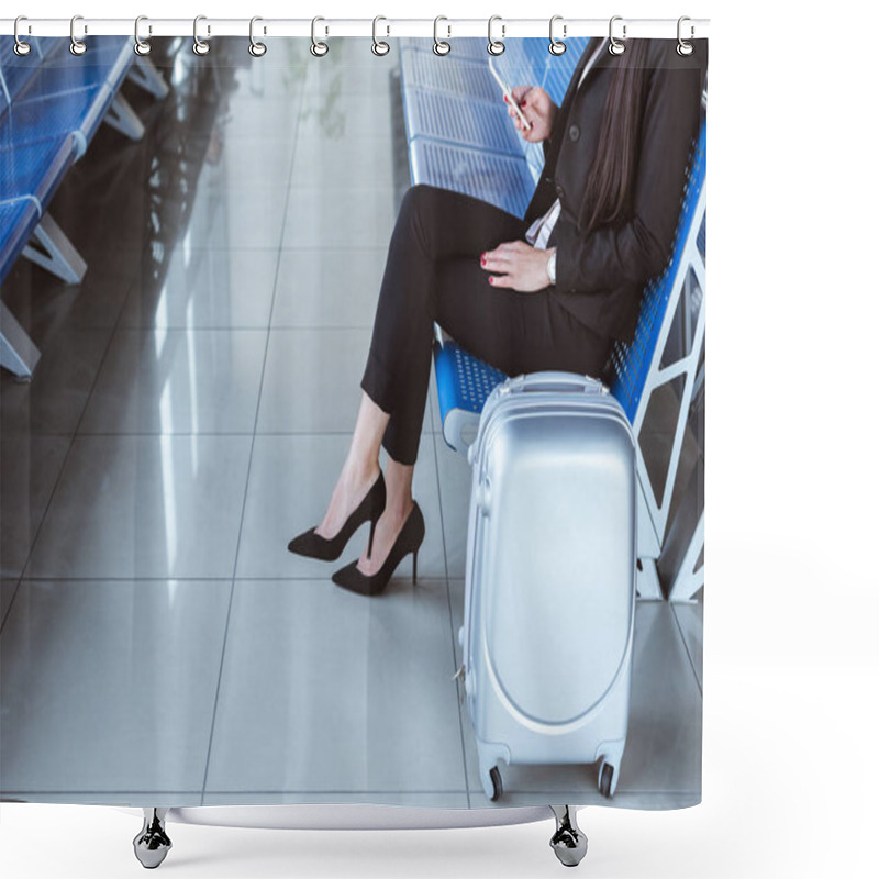 Personality  Young Businesswoman With Smartphone And Luggage Sitting At Departure Lounge In Airport Shower Curtains