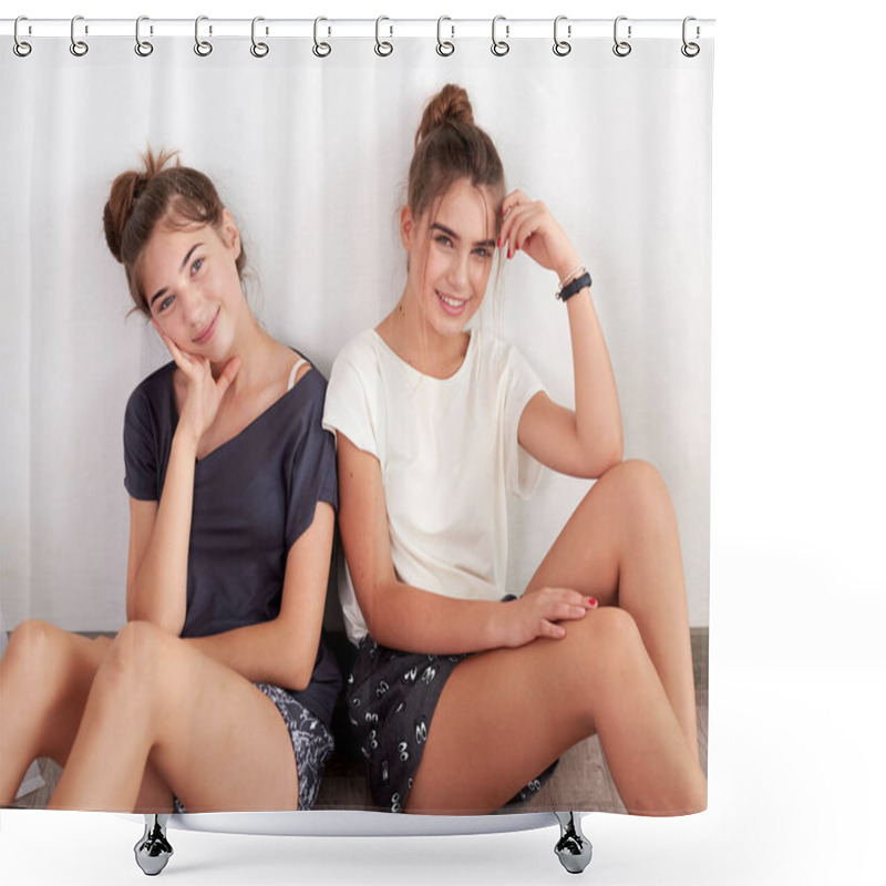 Personality  Two Young Brunette Girls, Wearing White Dark Grey And Blue Pajamas, Sitting Near White Wall In Light Apartment, Studying, Preparing For Exams. Stay Home, Do Self-education, Study Online. Shower Curtains