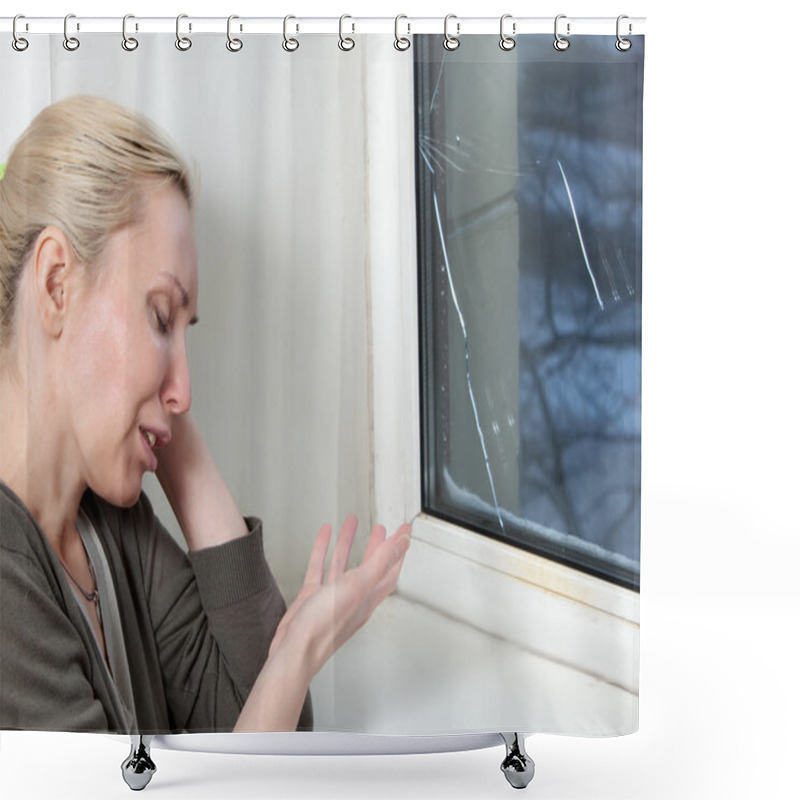 Personality  The Housewife Upset And Counts Money For Repair Of A Window Which Has Burst In A Frost Shower Curtains