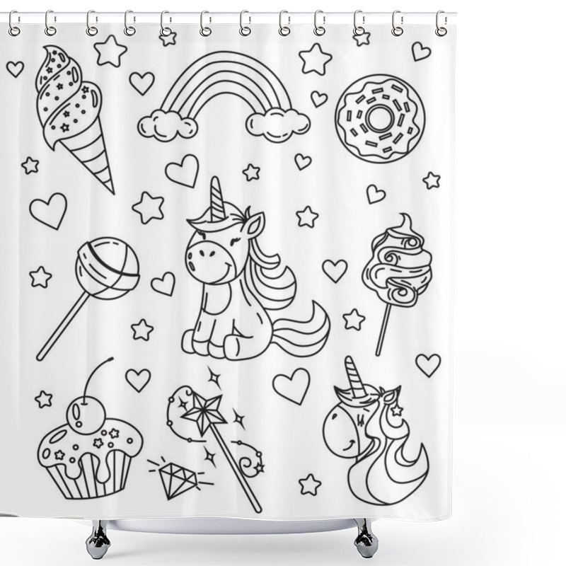 Personality  Coloring Page Antistress. Set: Unicorn, Ice Cream, Donut, Lollipop, Cotton Candy, Magic Wand, Cupcake, Diamond, Rainbow, Clouds, Stars, Heart. Vector Illustration For Art Therapy, Antistress Coloring Shower Curtains