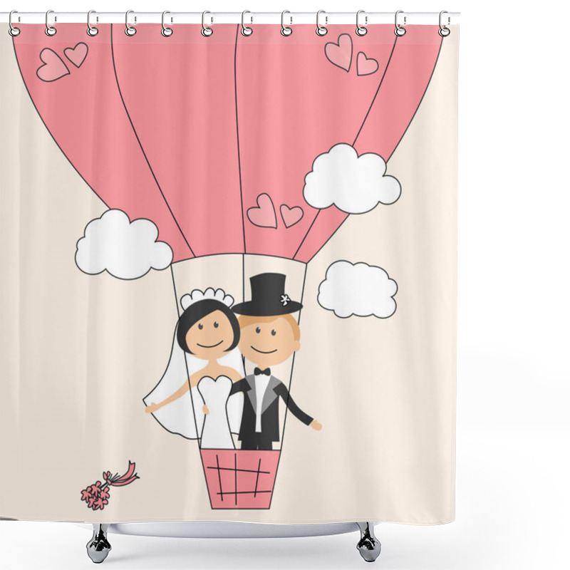 Personality  Wedding Invitation With Funny Bride And Groom On Air Balloon Shower Curtains