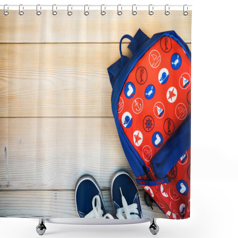 Personality  Backpack On The Wooden Background Shower Curtains