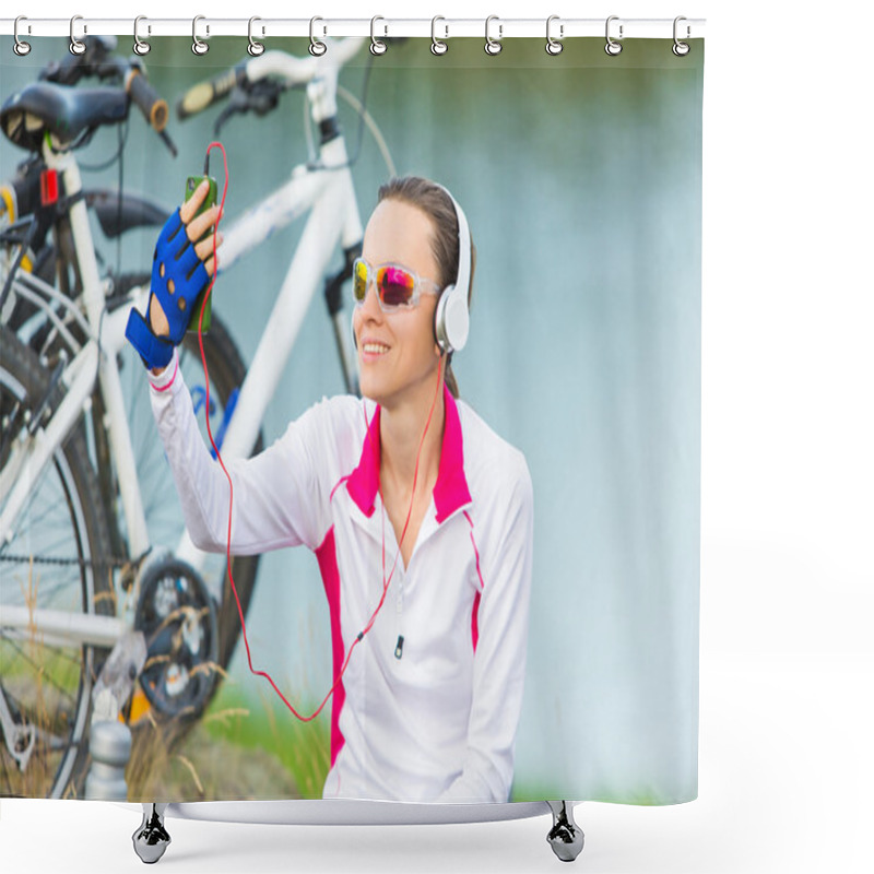 Personality  Happy Sport Girl  Taking Self Picture Shower Curtains