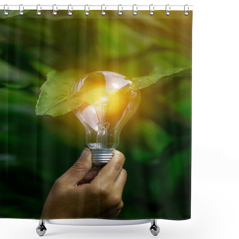 Personality  Hand Holding Light Bulb Against Nature, Icons Energy Sources For Renewable, Shower Curtains