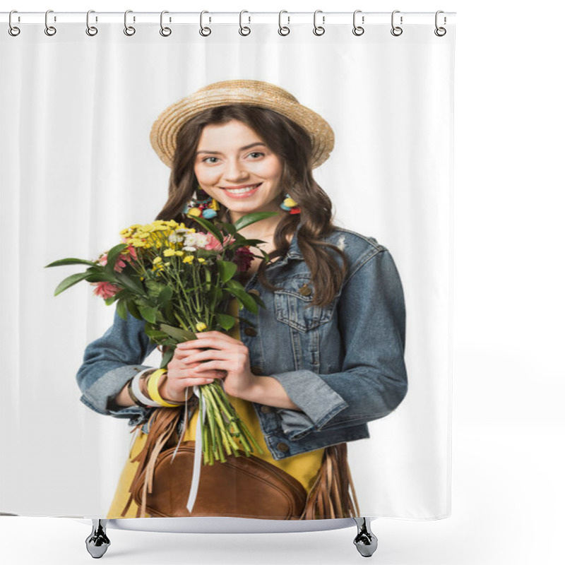 Personality  Happy Boho Girl In Straw Hat Holding Flowers Isolated On White Shower Curtains