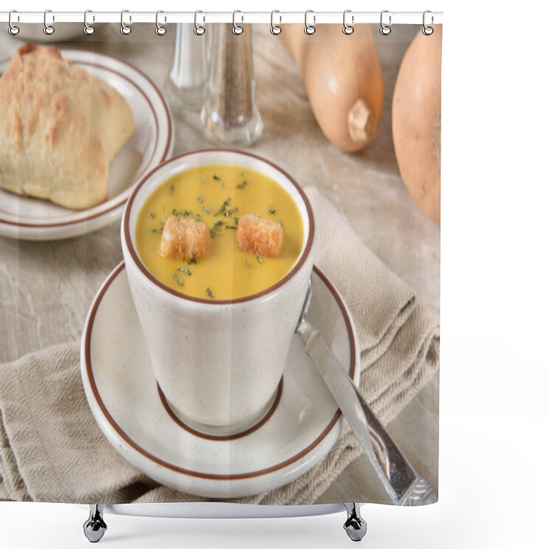 Personality  Cup Of Butternut Squash Soup With Croutons Shower Curtains