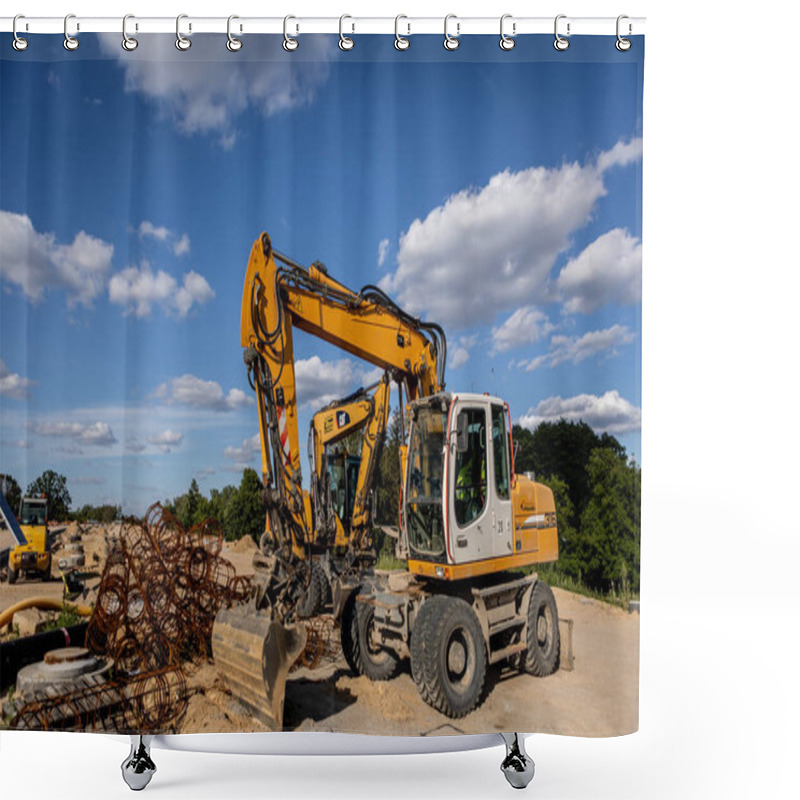 Personality  Road Building. Highway Construction And Machines Used For Construction. Excavator, Bulldozer, Roller Shower Curtains