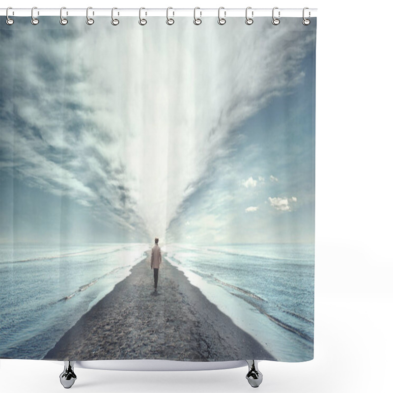 Personality  Man Walking Between Two Seas Shower Curtains