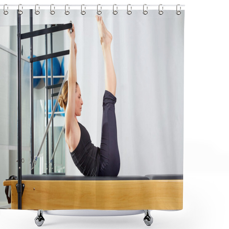 Personality  Pilates Woman In Reformer Exercise At Gym Shower Curtains