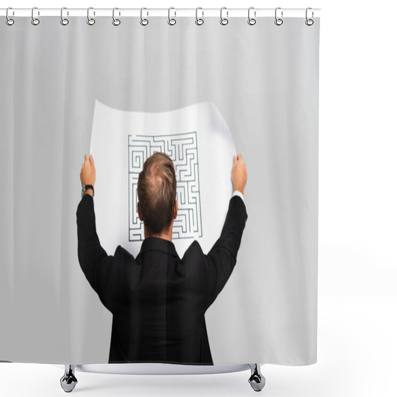 Personality  Back View Of Businessman In Suit Looking At Paper With Labyrinth Isolated On Grey  Shower Curtains