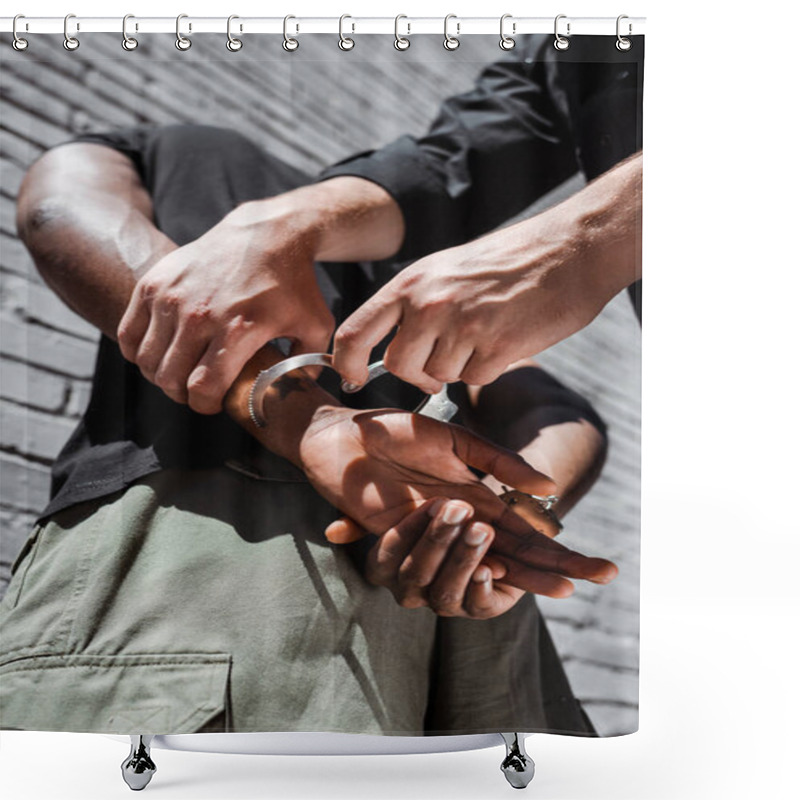 Personality  Low Angle View Of Policeman Touching Handcuffed African American Man Shower Curtains