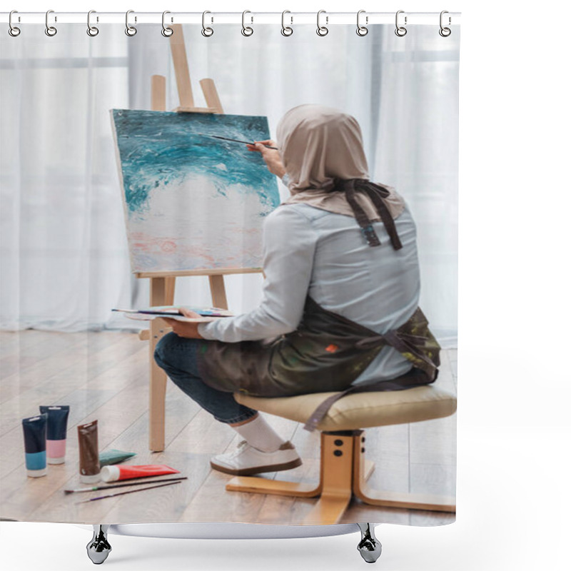 Personality  Back View Of Muslim Woman Drawing On Canvas Near Paintbrushes And Paint Tubes On Floor Shower Curtains