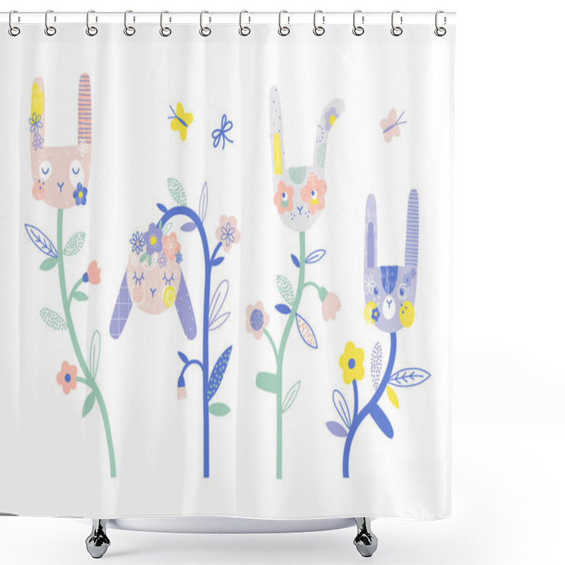 Personality  Bunny Heads As Flowers In Dreamlike Garden Vector Illustration Set Shower Curtains